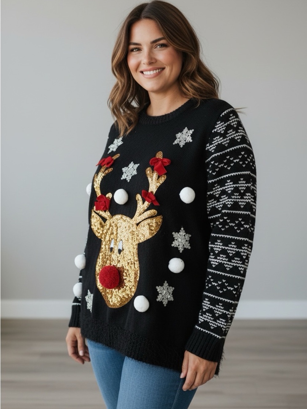 🫶🏻 Holiday Time Black Holiday Reindeer Sequin Pom-Pom Sweater 1X (16W-18W)